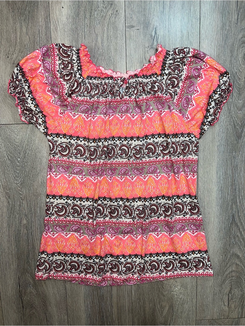 Boho Paisley Top Multicolor Short Sleeve Peasant Faded Glory Size Small T-Shirt
